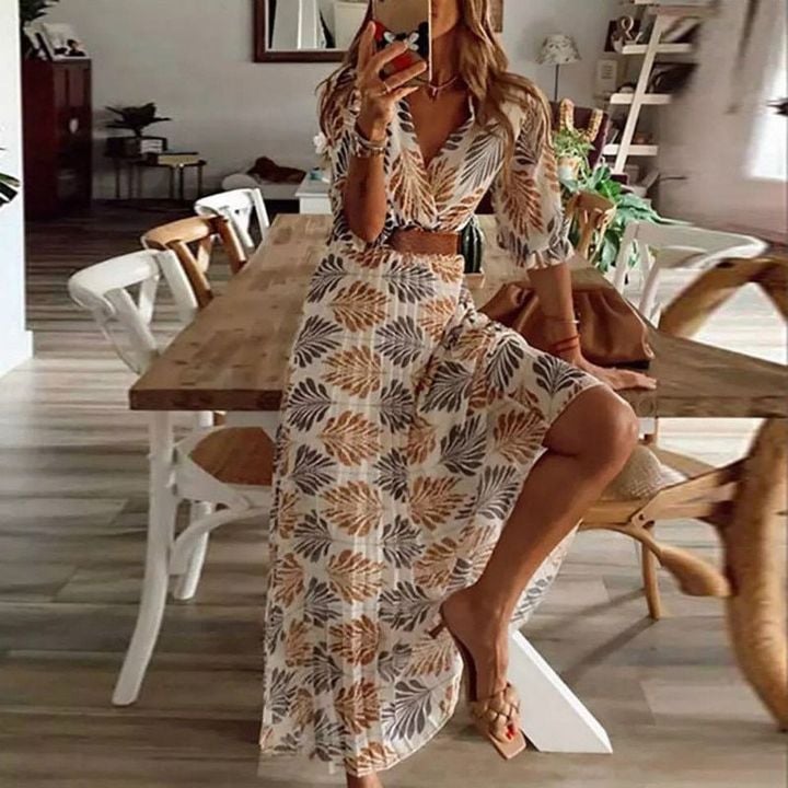 Long Women Dress Summer Print Beach Style Ankle-Length Women's Clothing Empire V-Neck A-Line Half Sleeve Soft Cozy Female Dress
