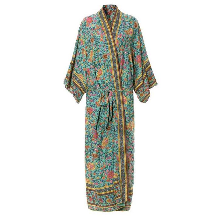 Turquoise floral print batwing sleeve long wrap summer dress bohemia kimono beach dresses hippie chic rayon boho dress casual