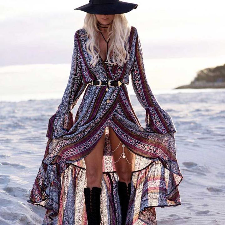 Boho Inspired beach dress Casual floral printed sexy Split long sleeve tunic wrap summer dresses hippie chic vestidos 2020
