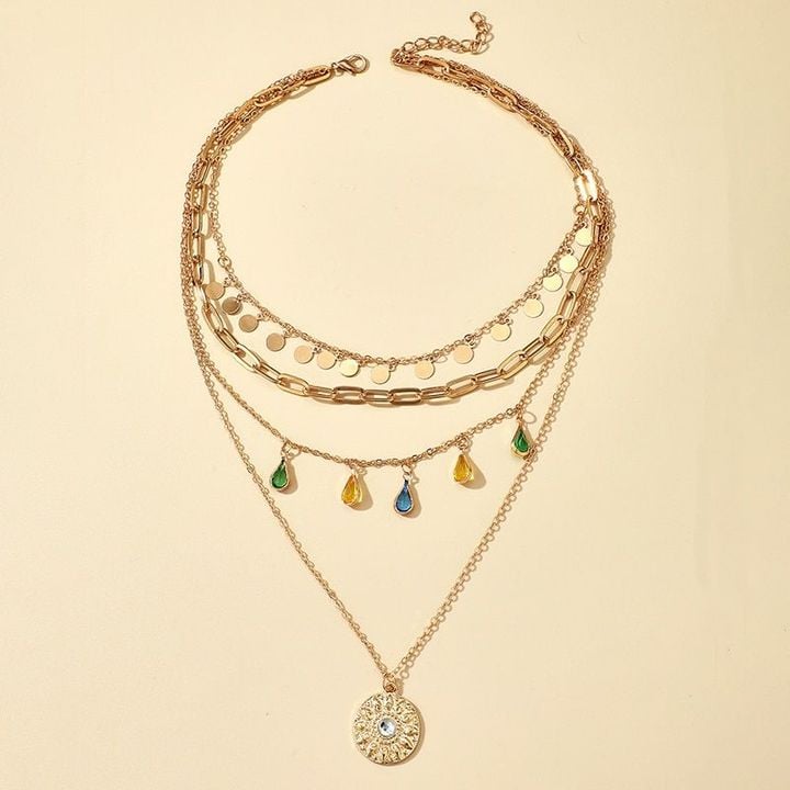 docona Boho Water Drop Colorful Crystal Pendant Necklace for Women Gold Sequins Multilayer Necklace Female Party Jewelry 15214