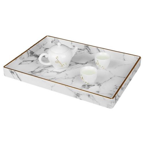 Large Gold Rim Serving Tray Marble PU Leather Tea Cup Sets Tray Kitchen Storage Box Fruit Food Cup Holder Tray Home Decoration
