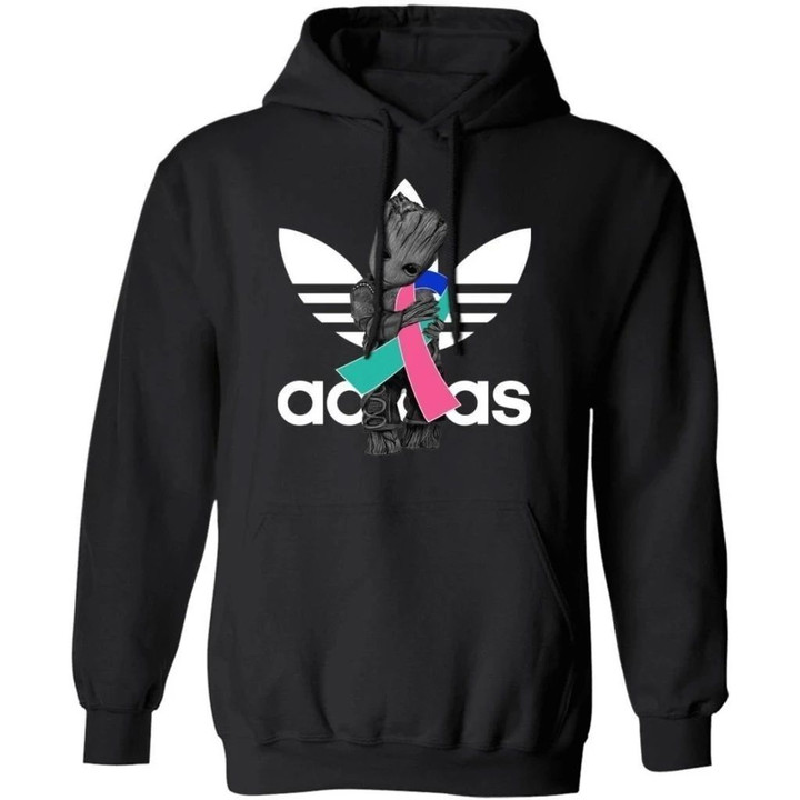Groot Hugging Blue Pink Teal Ribbon Thyroid Cancer Awareness Hoodie For Cancer Warrior HA09-Bounce Tee