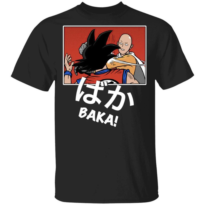 Saitama Hits Goku and Says Baka Shirt Mashup Dragon Ball and One Punch Man Tee-Bounce Tee