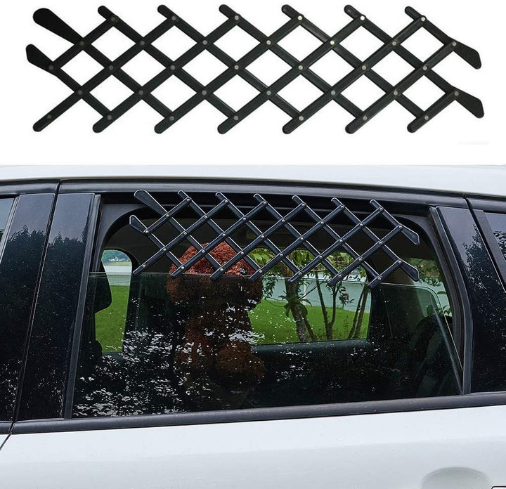 Expandable car window vent for dogs. Security traveling ventilation grill mesh for dogs