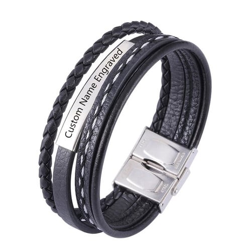 Simple Microfiber Leather Rope Chain Unisex Multilayer Engraved Bracelets Black