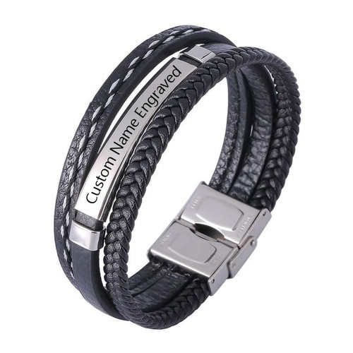 Multilayer Black Leather Bracelets for Men Custom ID Nameplate Charm Bangles