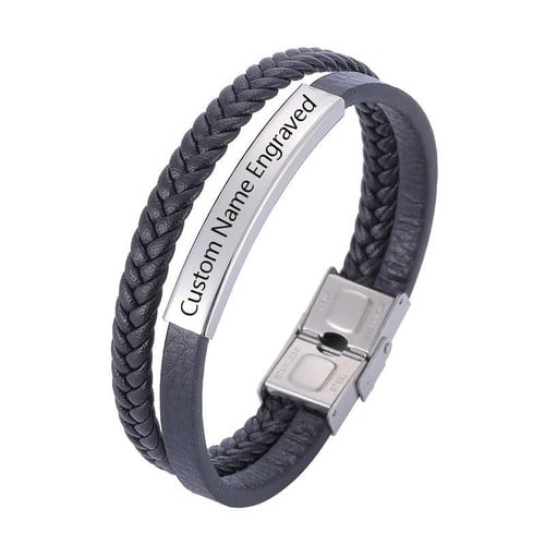 Customizable Engraving Trendy Charm Bracelets Black Braided Leather Wristband