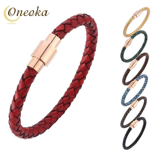 Casual Style Unisex Simple Bracelet 6mm Width Real Leather and Rose Gold Clasp