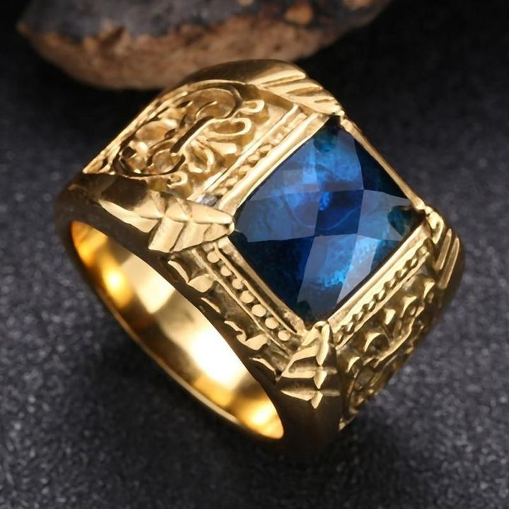 Natural Blue Zircon Stainless Finger Rings Gold Plating Square Jewelry Rings