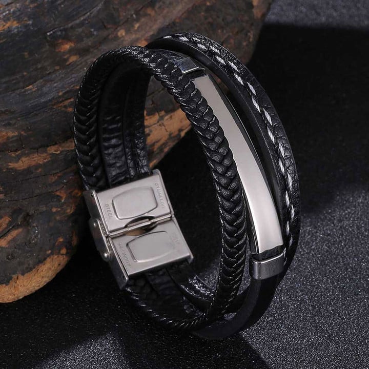 Multilayer Black Leather Bracelets for Men Custom ID Nameplate Charm Bangles