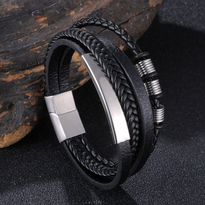 Multilayer Leather Combination Braided Engraved Bracelet with Stainless Beads