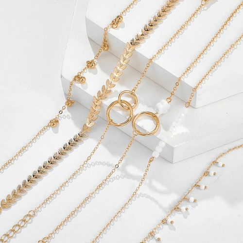 Tassel Women Gold Bracelets Bohemian Geometric Layered Chain Cheap Jewelry Set