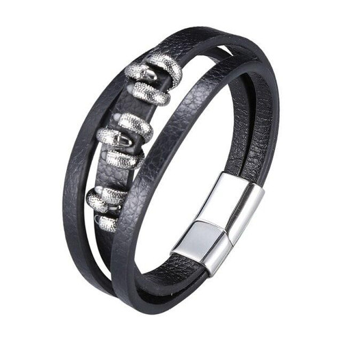 Fashion Black Leather Wrap Bracelets with Stainless Steel Magnetic Buckle