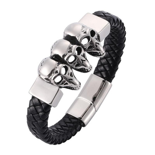 Men's Three Skull Charm Bracelets 11mm Width Black Leather Rope Chain Genuine
