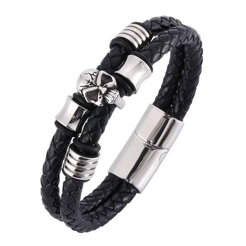 Punk Style Leather Cord Skeleton Bracelets Black Personality Handwoven Bangles