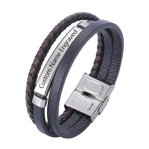 Personalized Multilayer Leather Braided Bracelets with Engraved Nameplates
