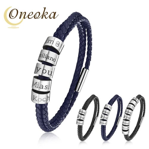 Oneoka Multilayer Braided Leather Wrap Bracelet with 1-10 Names Engraved Beads