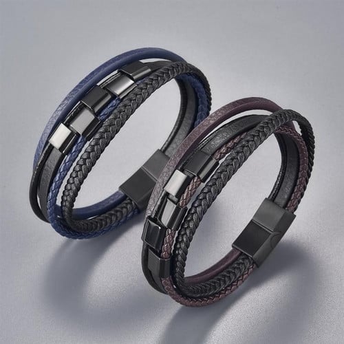 Handmade Braided Wrap Leather Cords Chain Men's Hip Hop Multilayer Bracelets