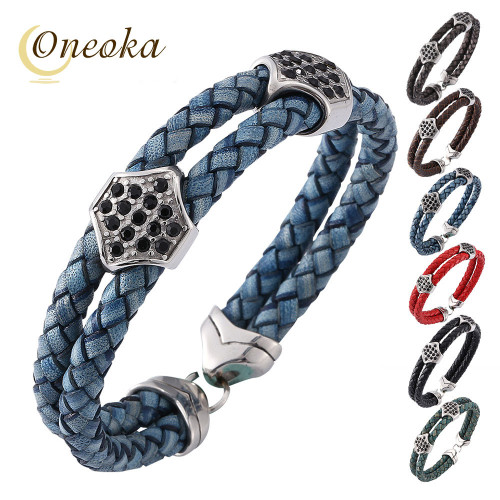 Double Rope Braided Leather Bracelets Modern Charm Bangles with Toggle Clasps