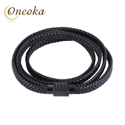 Black Multilayer Braided Wrap Bracelet Men Microfiber Leather Cords Bangle