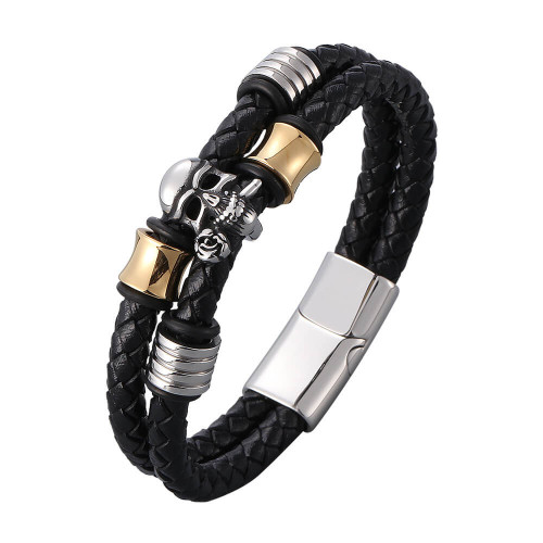 Fashion Rope Chain Punk Black Double Braided Leather Skull Bracelet for Male