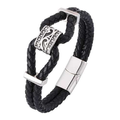 Personalized Real Leather Braided Bracelet Black Rope Chain in Titanium Steel