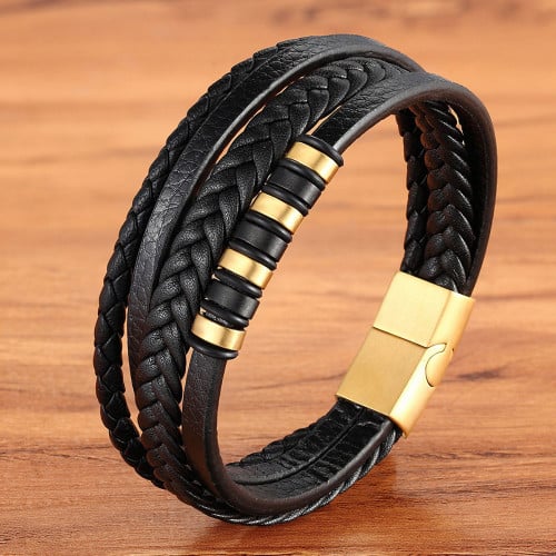 Vintage Style Black Leather Cord Strap Multilayer Bracelet with Stainless Beads