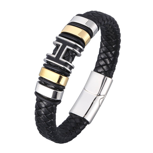 Men Fashion Jewellery Real Leather Braided Bracelet with Black Wide Wristband