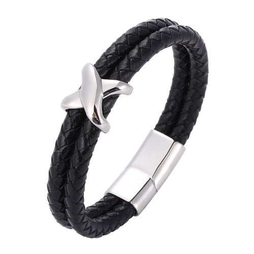 Trendy Cross Leather Bracelet Double Layer Braided Bangles in Titanium Steel