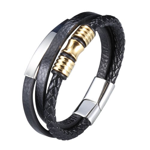 Black Multilayer Leather Bangle Fashion Stainless Steel Beaded Bracelet Men