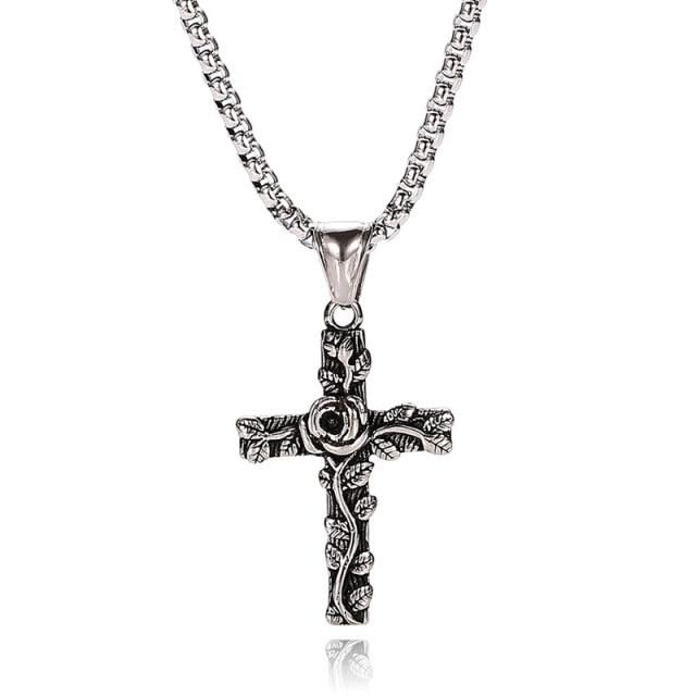 Punk Vintage Embossed Rose Flower Cross Stainless Steel Pendant Necklace for