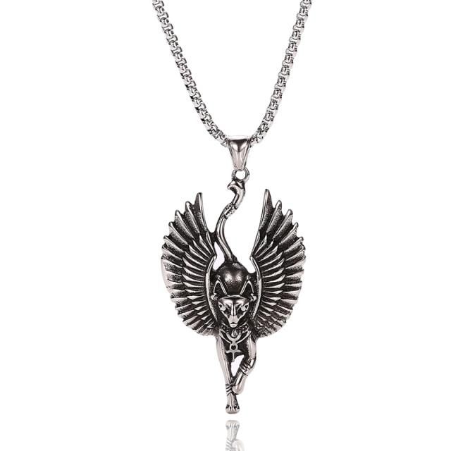 Stainless Chain Necklaces with Egyptian Mythological Cat God Wings Pendants