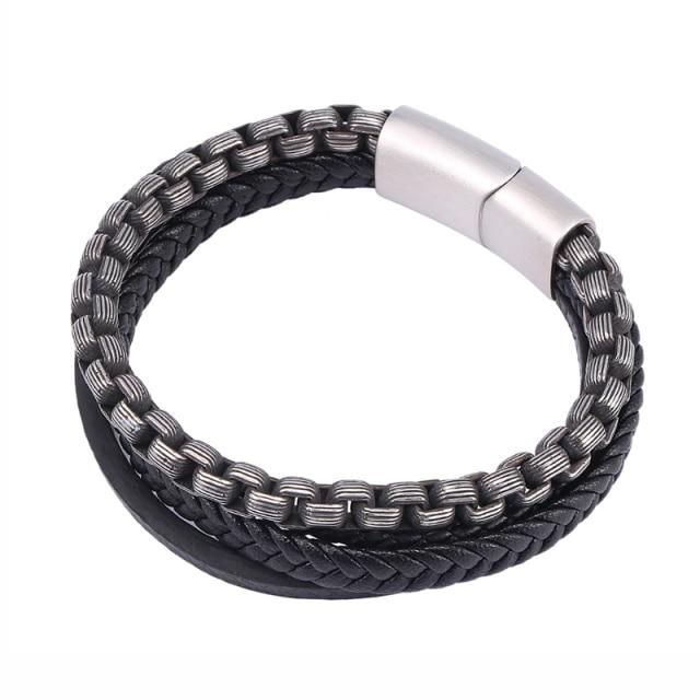 Men Jewelry Steel Chain Black Leather Bracelet Stainless Steel Magnetic Clasp Bangles