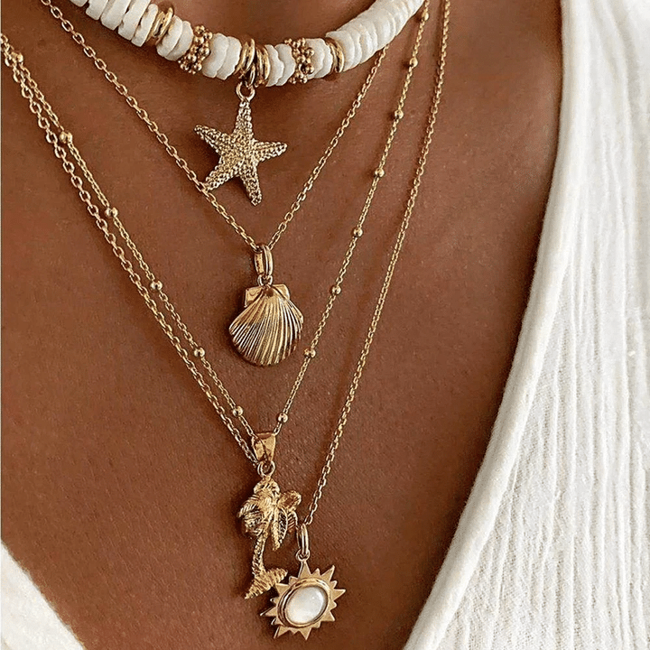 Retro Sun Multilayer Pendant Necklaces for Women Starfish Shell Chain Wholesale