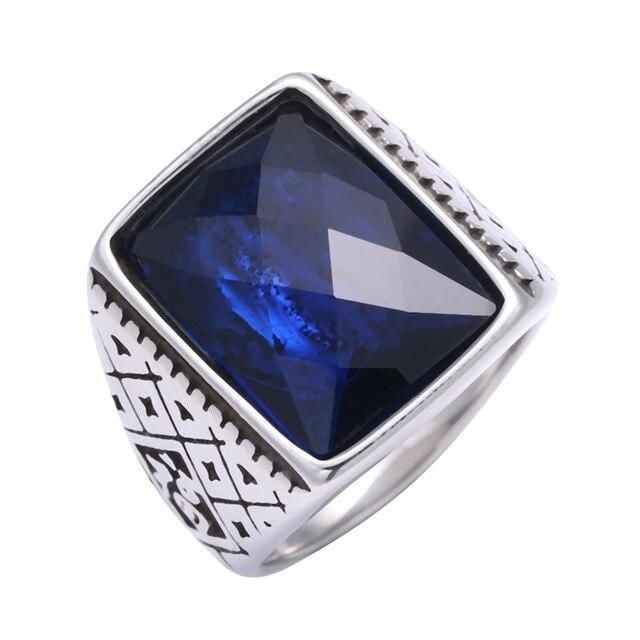 Mens Fashion Jewelry Retro Stainless Steel Rings with Rectangular Blue Zircon