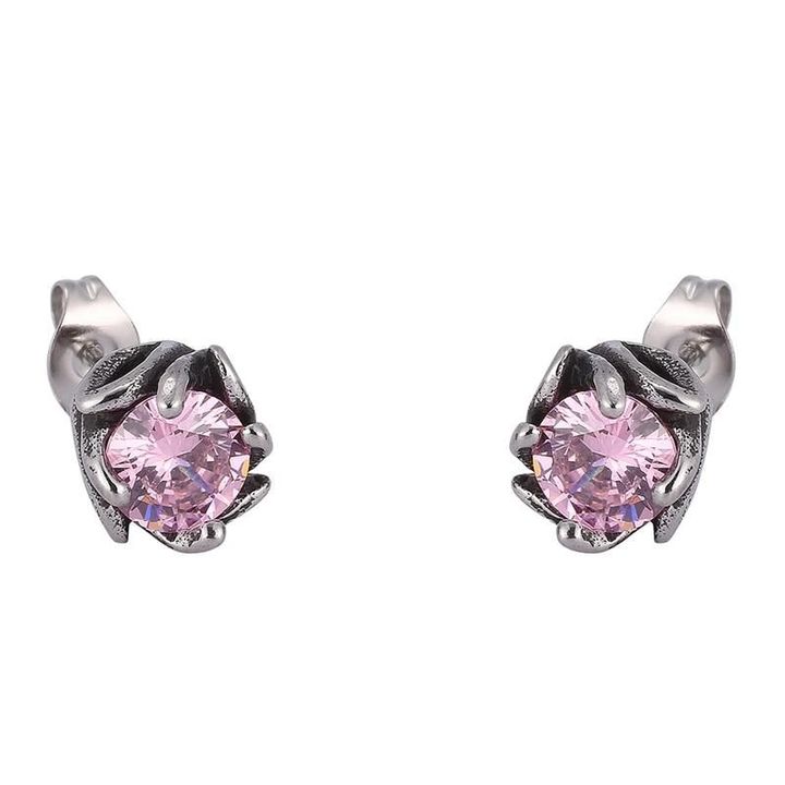 Flower Shape Stud Earrings for Women Trendy Pink Zircon Ear Studs in Stainless