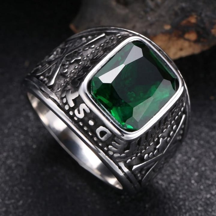 Stainless Steel Green Zircon Finger Rings 20mm Width Quaint Silver Ring for Men