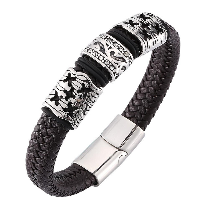 Men Microfiber Leather Charm Bracelets Magnetic Clasps Brown Braided Bangles