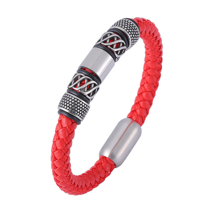 Stainless Steel Charm Bracelets Punk Red Microfiber Leather Rope Chain Genuine