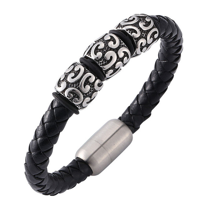 Woven Bracelets in Stainless Steel Magnetic Buckle and Black Leather Wristband