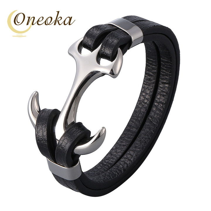 Double Layer Leather Stacked Anchor Shape Bracelets Men's Black Cuff Bangles