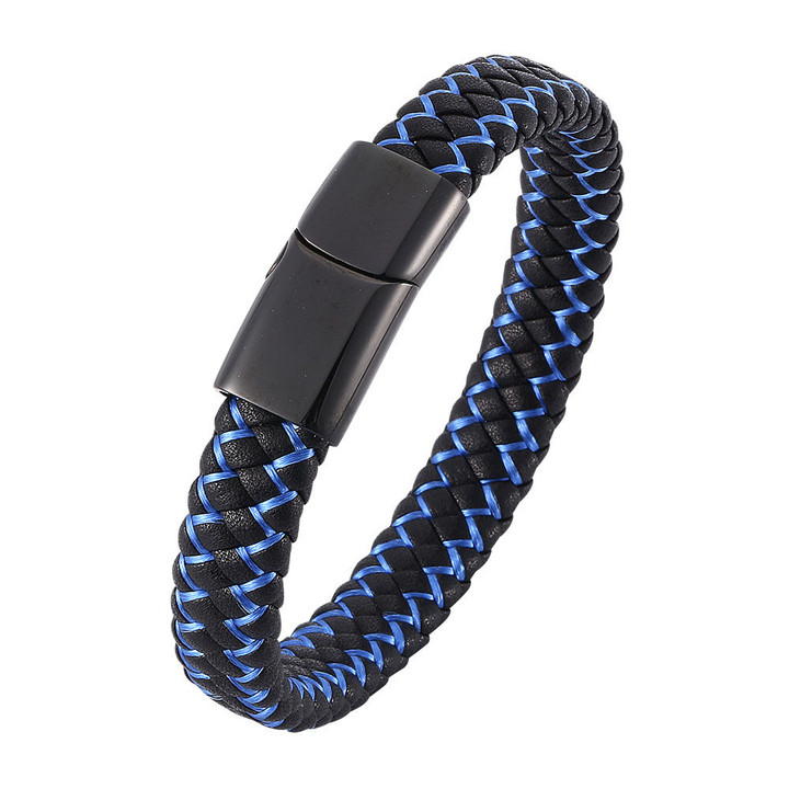 Black Blue Leather Wristband Woven Bracelets Stainless Steel Male Bangles