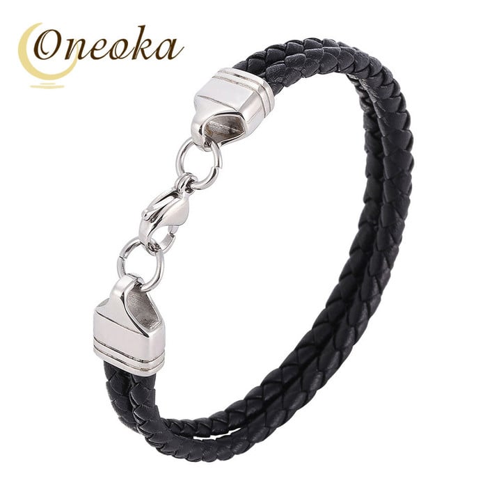 Double Layer Black Braided Leather Bracelet Casual Sporty Lobster Clasp Bangle