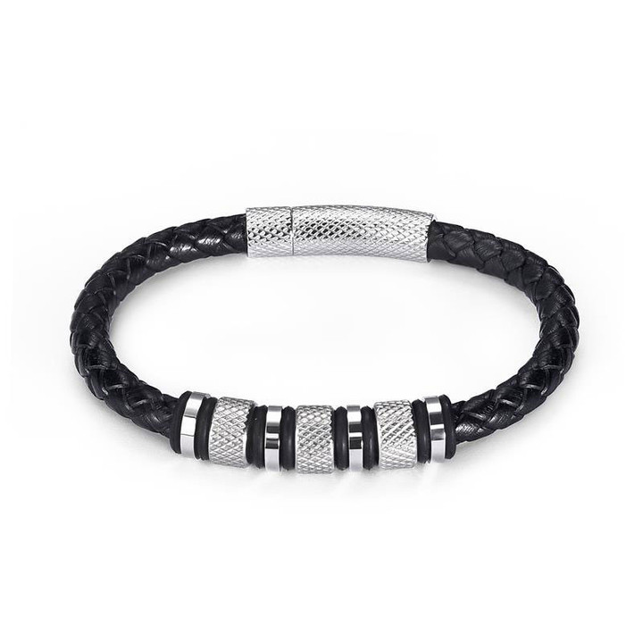 New Style Male Microfiber Leather Braided Bracelet with Stainless Steel Beads