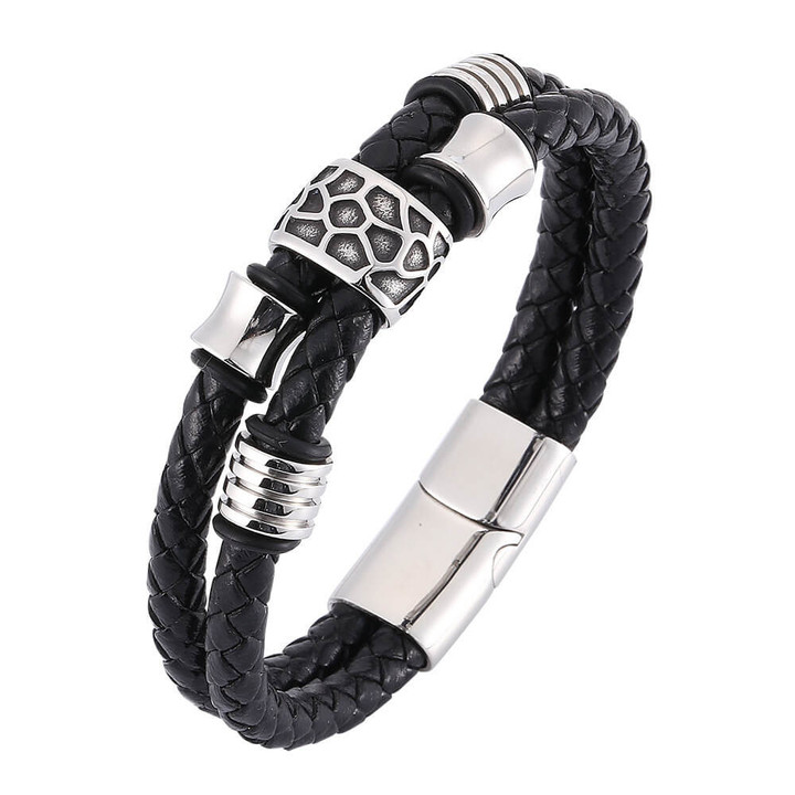 Men's Charm Bracelets Black Rope Chains in Stainless Beads and Genuine Leather