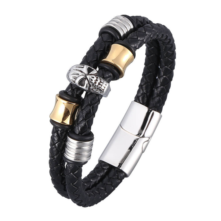 Hand Braided Genuine Leather Hip Hop Rope Chain Skeleton Charm Bracelets Black