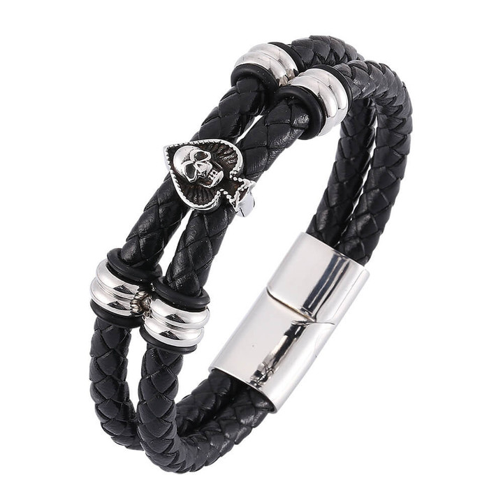Double Layer Leather Spades Skull Charm Bracelets in Stainless Magnetic Clasp