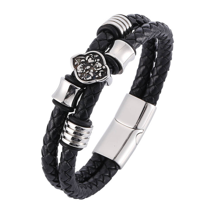 Vintage Style Black Double Row Real Leather Bracelets Handmade Weave Wristband