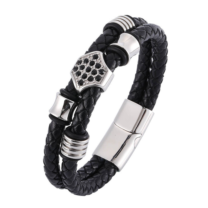 Eye-catching Men's Leather Braided Bracelet Trendy Black Double Rope Chain