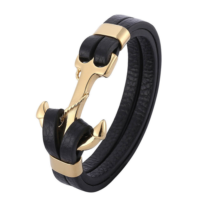 Wholesale Double Black Leather Stacked Steel Color Anchor Charm Bracelets Men